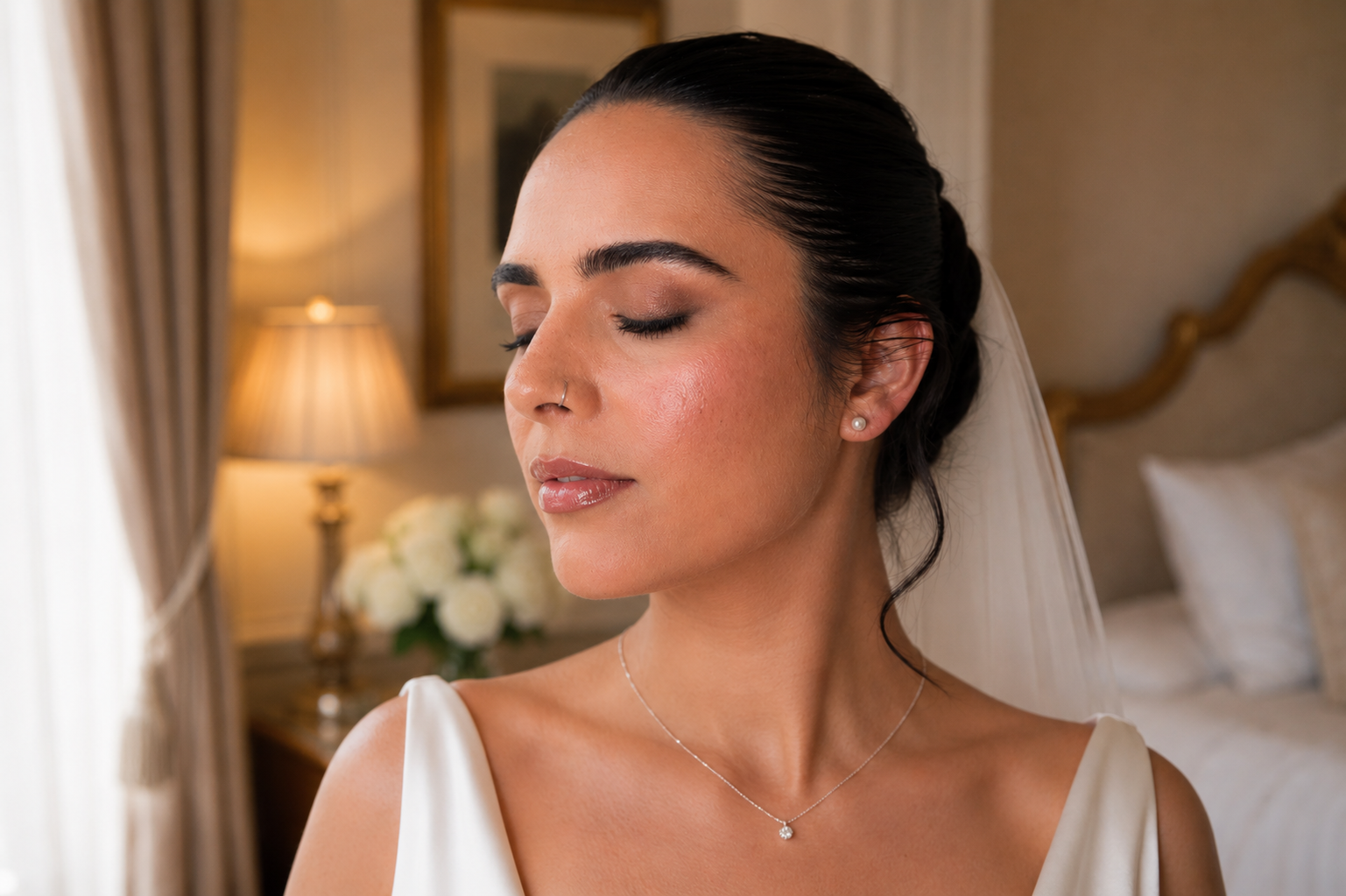 Luxurious bridal makeup close up diamond hair and makeup trained by michaela selene